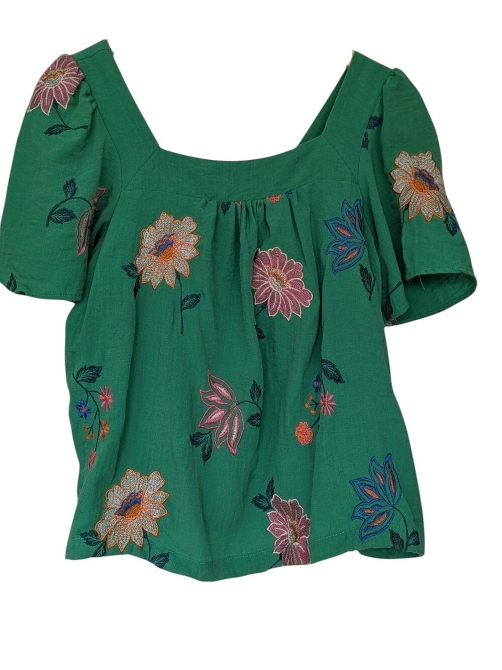 Draper James Maren Top Floral Green Square Neckline Embroidery Flowy Medium
